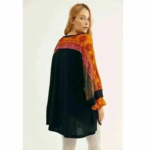 Free People Black Tunic with Mustard & Rust Floral Sleeves - Picture 3 of 6